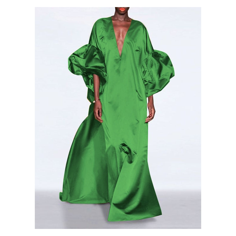 Loose Puff Sleeves Solid Color V-Neck Maxi Dresses