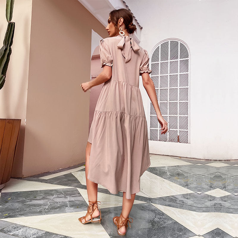 Stand Collar Short Sleeves Solid Midi Dress