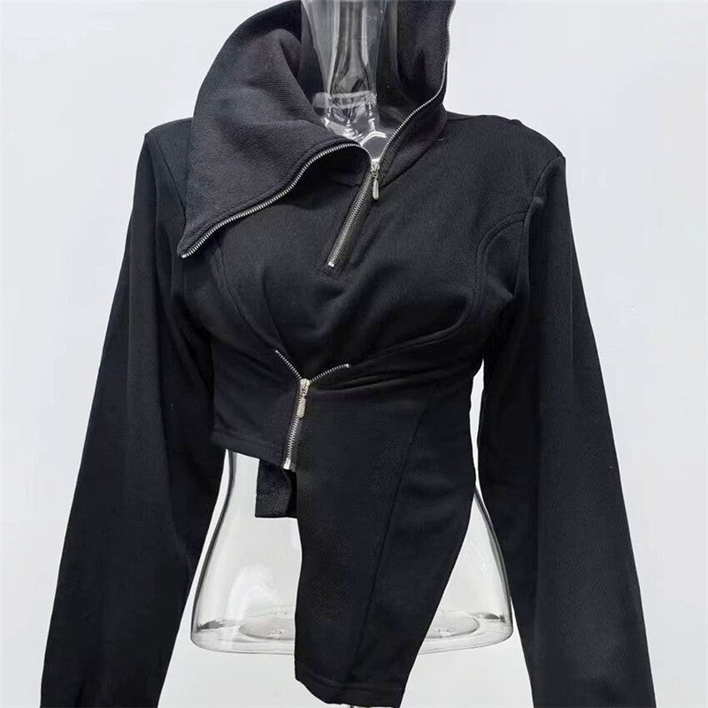 Solid Color Short Zip High Neck Asym Hem Slim Fit Sweatshirt