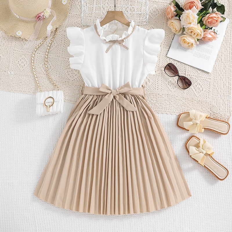 Girl's Fashionable Bow Flying Sleeve Colorblocking Princess Dresses