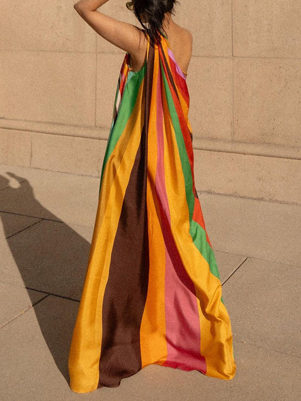 Loose Sleeveless Asymmetric Contrast Color Striped One-Shoulder Maxi Dresses