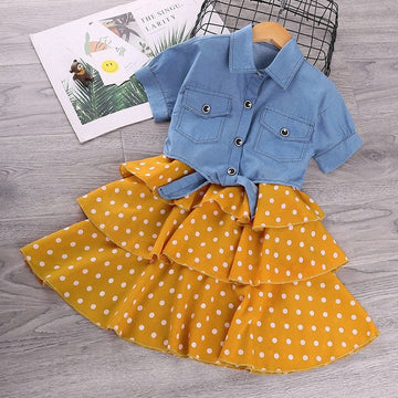 Cowboy Short Sleeve Polka Dot Dress Girl's Set