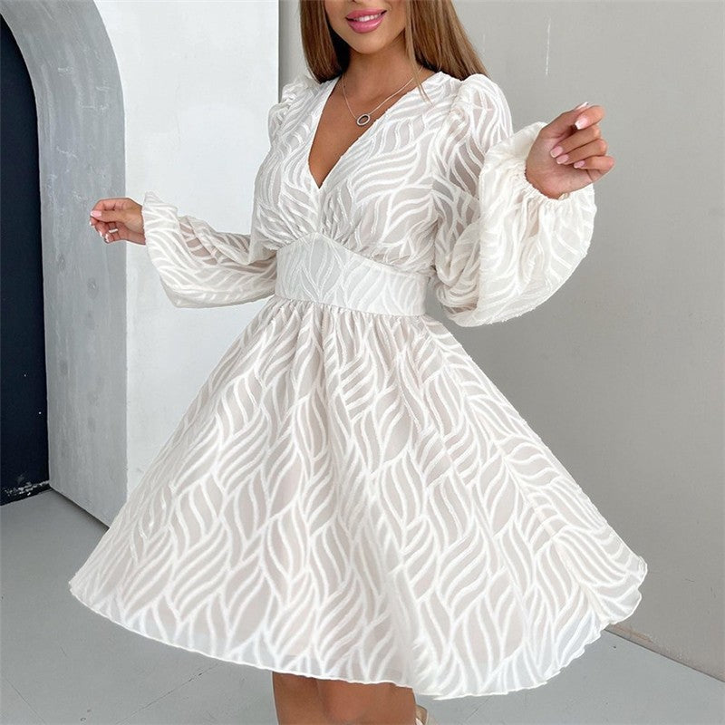 V Neck Floral Embroidered Waist A Line Dress
