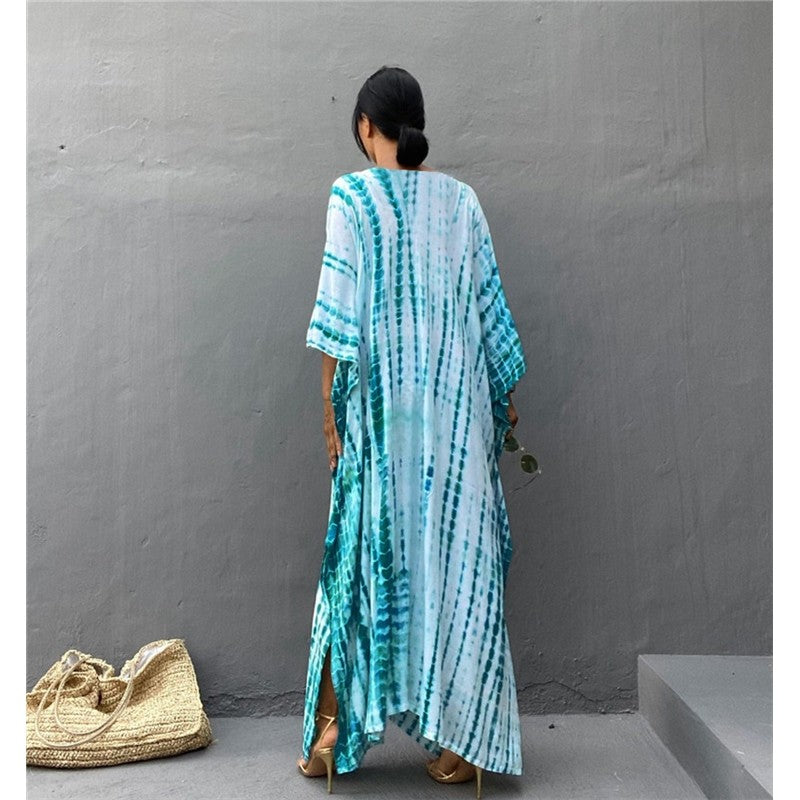 Half Sleeves V-Neck Tie-Dyed Maxi Dress
