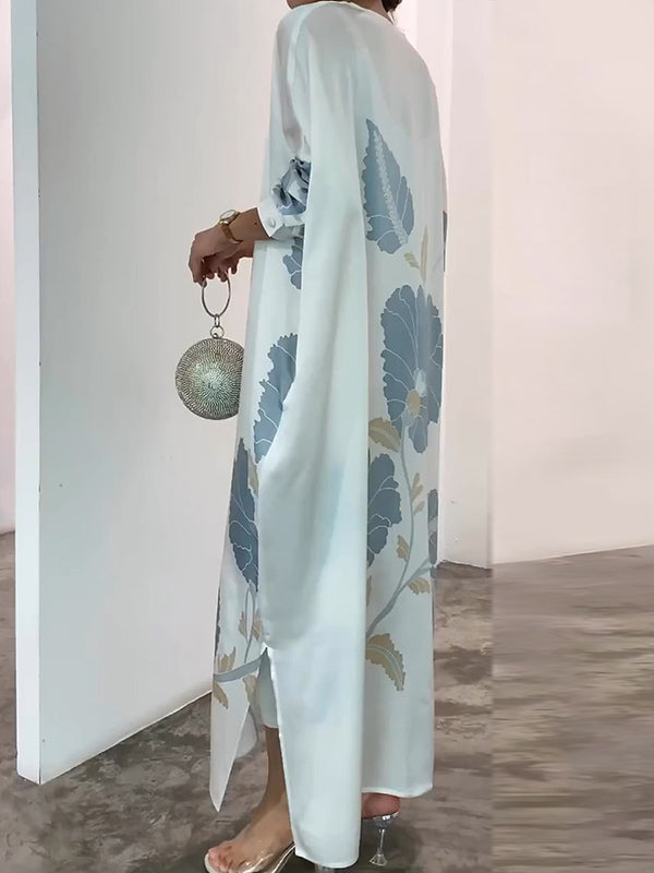 Long Sleeves Buttoned Contrast Color Flower&Leaves Print Muslim V-Neck Midi Dresses