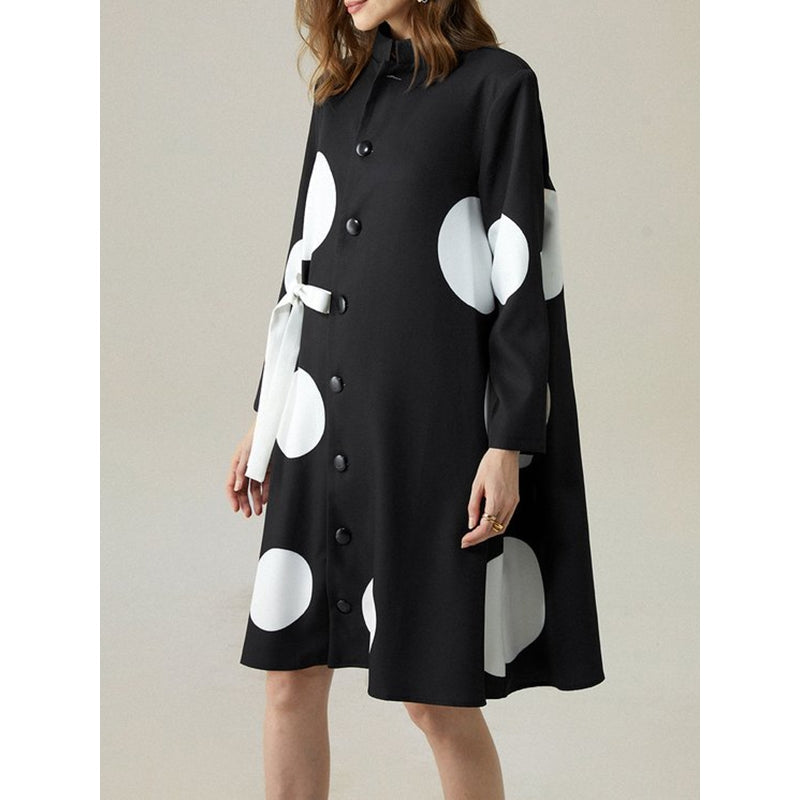Long Sleeves Loose Asymmetric Buttoned Polka-Dot Tied Mock Neck Midi Dresses