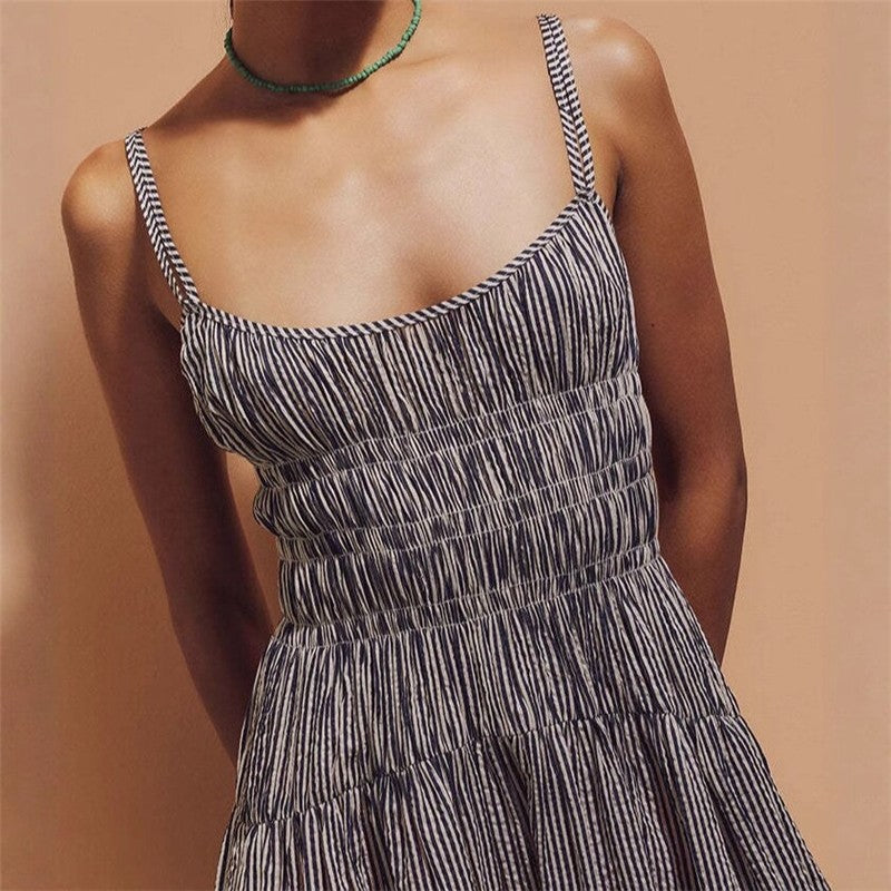 Sleeveless Ruffled Striped A-Line Dress