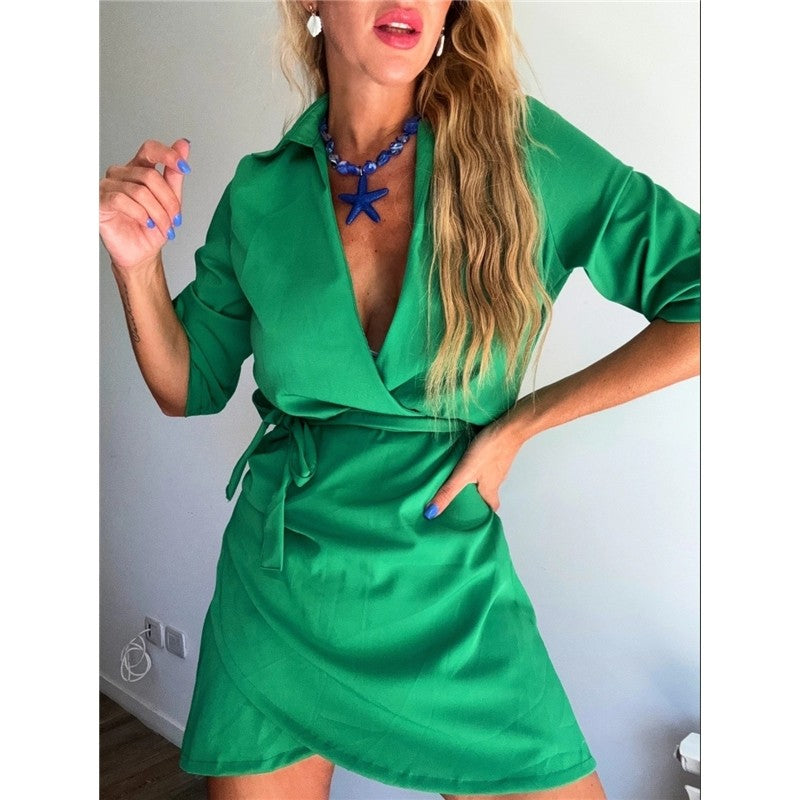 Solid Color Belted Collar Short Dress