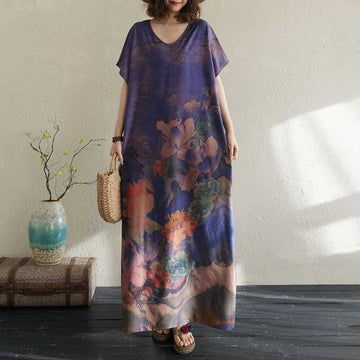 Printed Round Neck Short Sleeve Maxi Dress