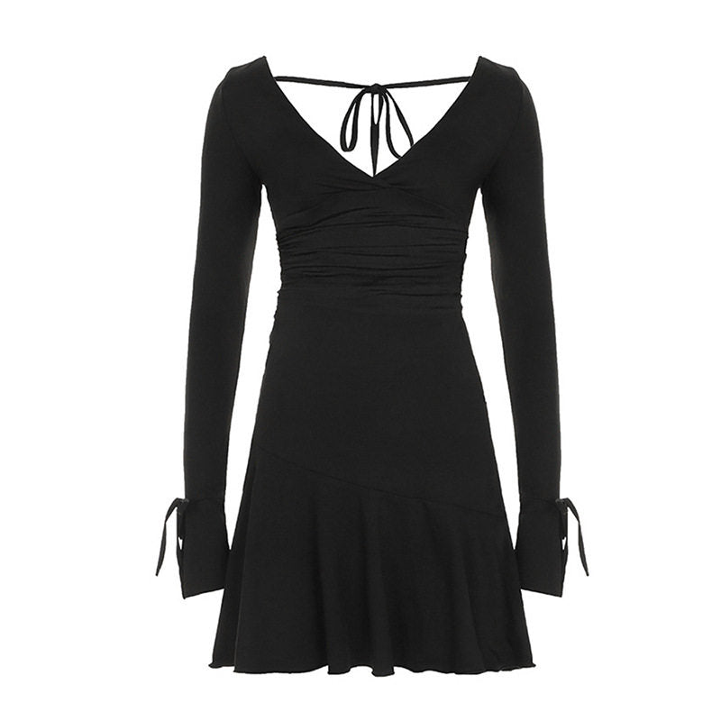 V Neck Long Sleeve Ruffle Hem Bodycon Mini Dress For Women Elegant Slim Fit Party Dresses