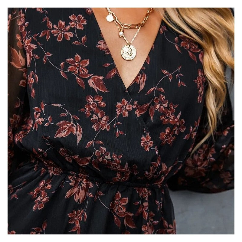 V-Neck Long Sleeve Floral Short Dress