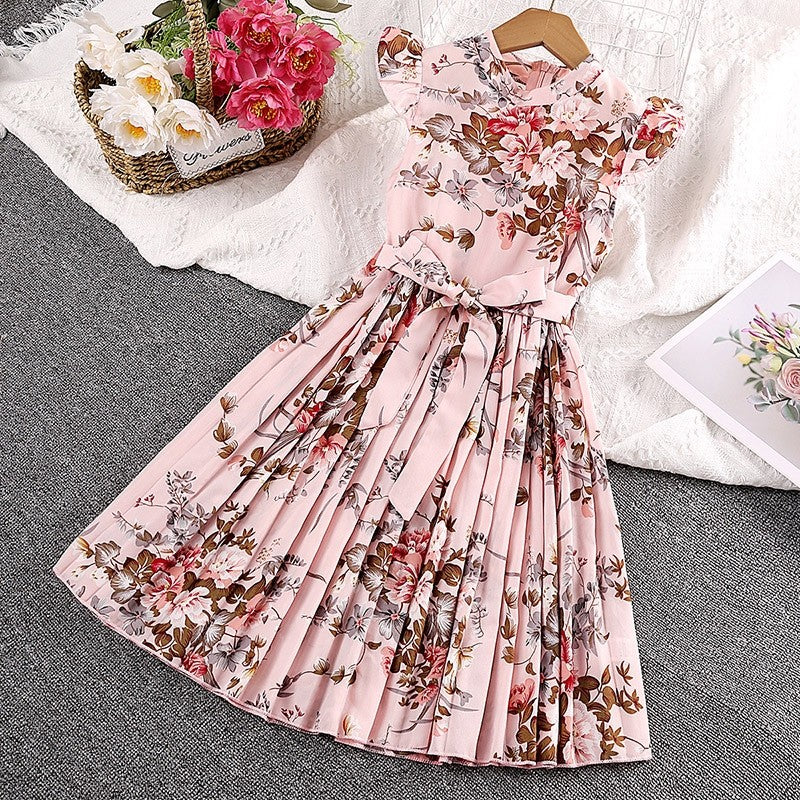Girls' Printed Dash Sleeve Lace-Up Dress