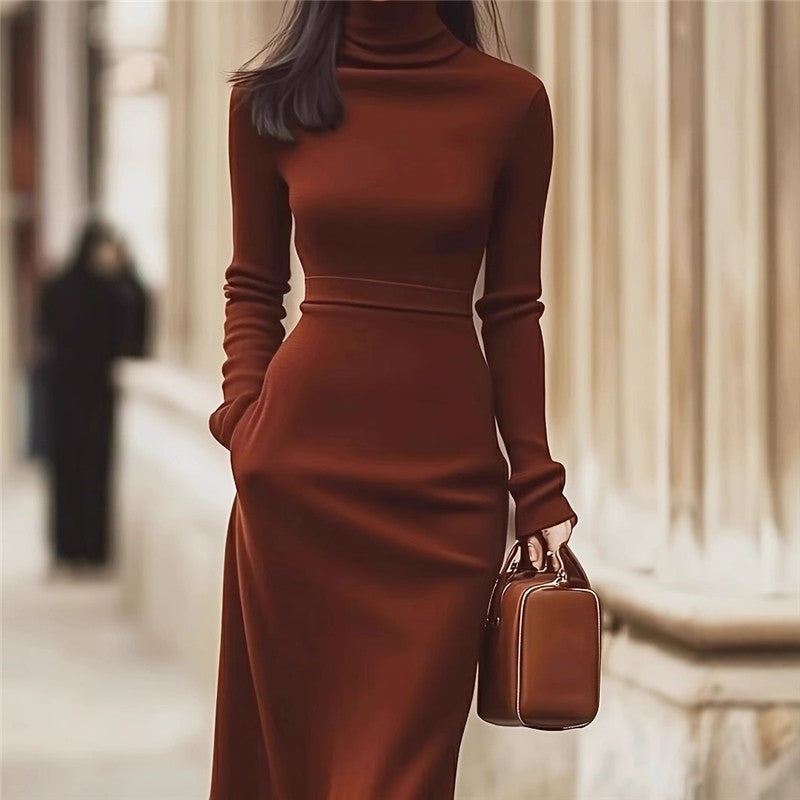 Solid Color Slim Fit High Neck Long Sleeve Dress