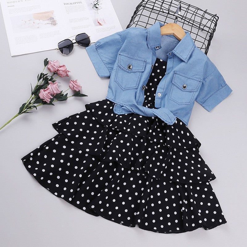 Cowboy Short Sleeve Polka Dot Dress Girl's Set