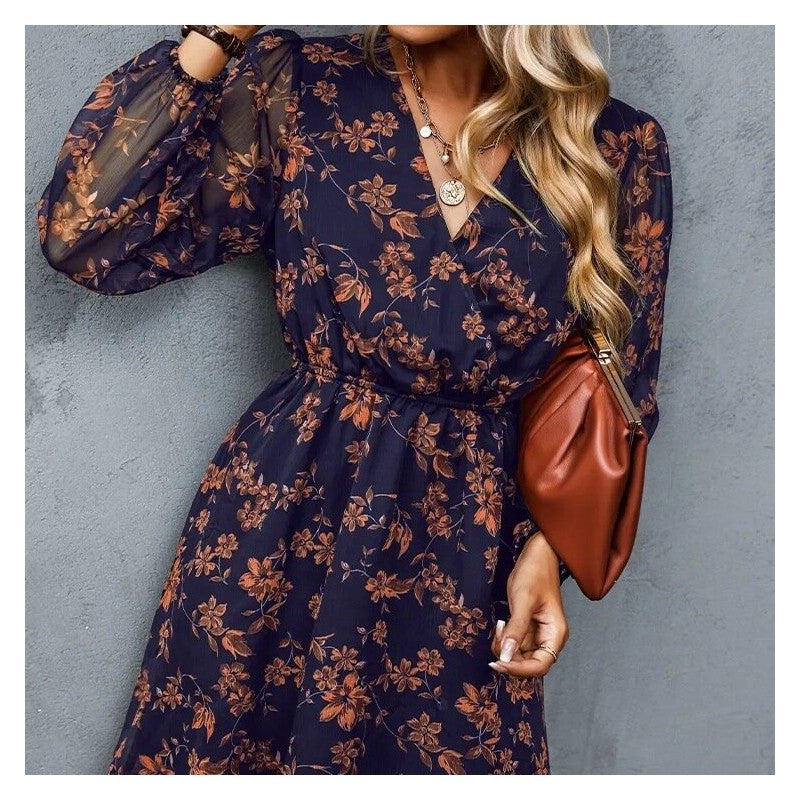 V-Neck Long Sleeve Floral Short Dress