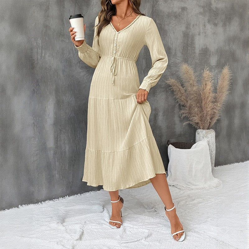 Solid V-Neck Textured Long Sleeve Dress