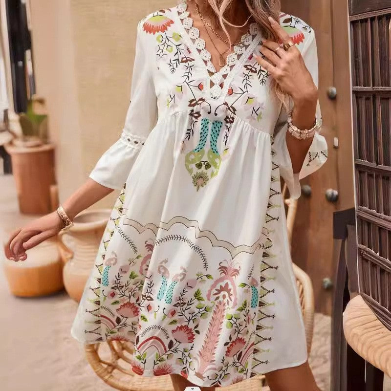 V Neck Lace Trim Print Casual Dress