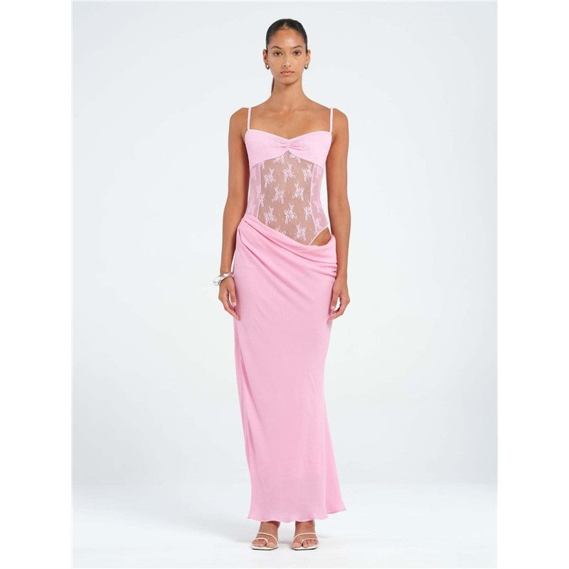 Solid Color Lace Sleeveless Bodycon Maxi Dress