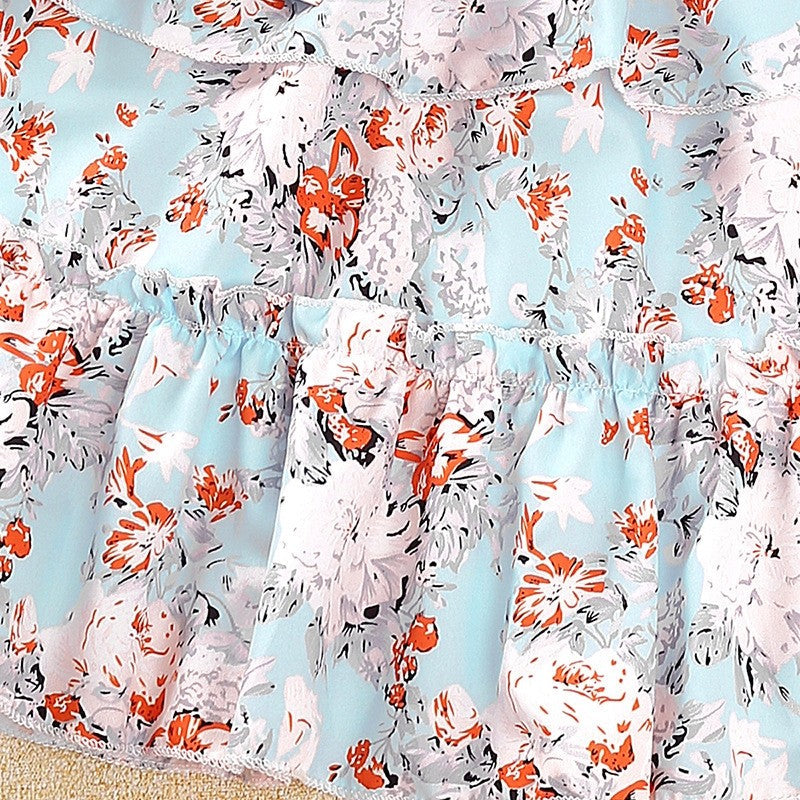 Girl's Lace Neck Fly Sleeve Floral Princess Dress