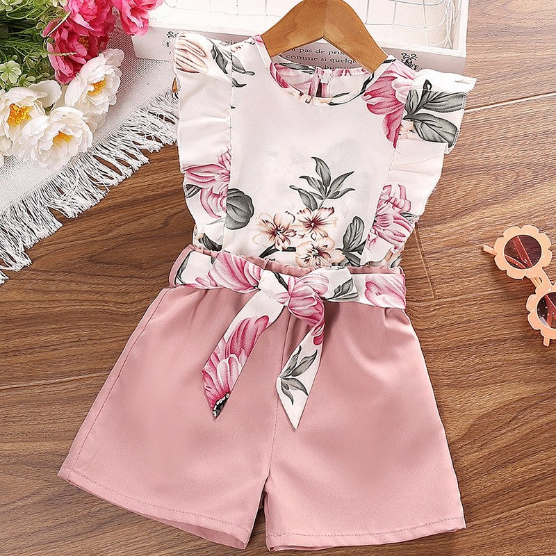 Printed Hanging Neck Top Shorts Girl's Set