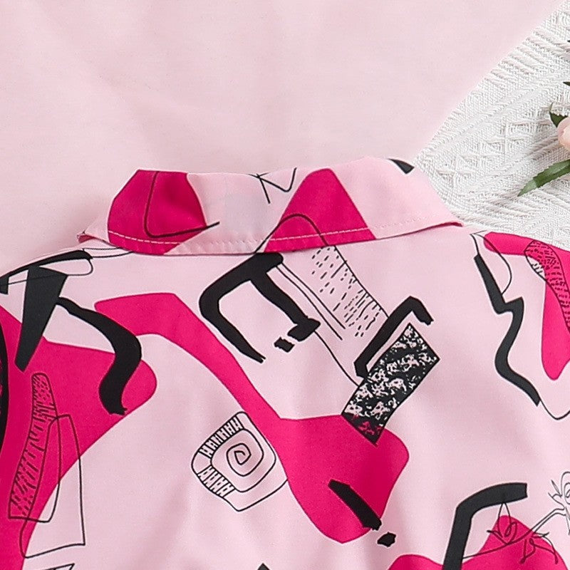 Printed Short Sleeve Shirt Skirt Pants Girl's Set