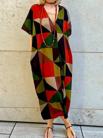 Batwing Sleeves Loose Contrast Color Geometric Printed V-neck Maxi Dresses Midi Dresses