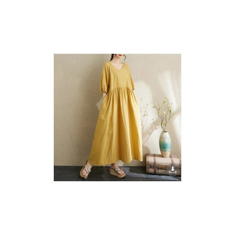 Double Gauze Round Neck Lantern Sleeve Loose Dress