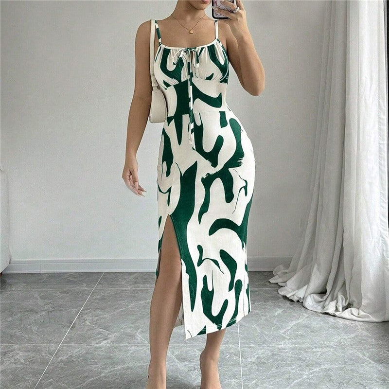 Midi Print Slit Thigh Slip Dress
