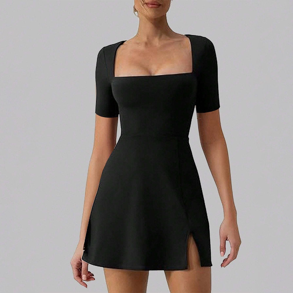 Solid Color Square Neck Slit Hem A-Line Dress
