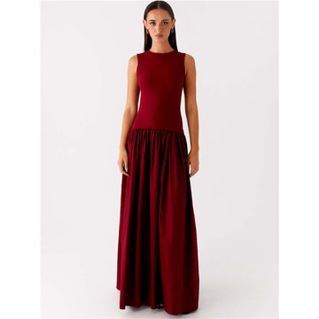 Solid Color Waist Sleeveless Long Dress