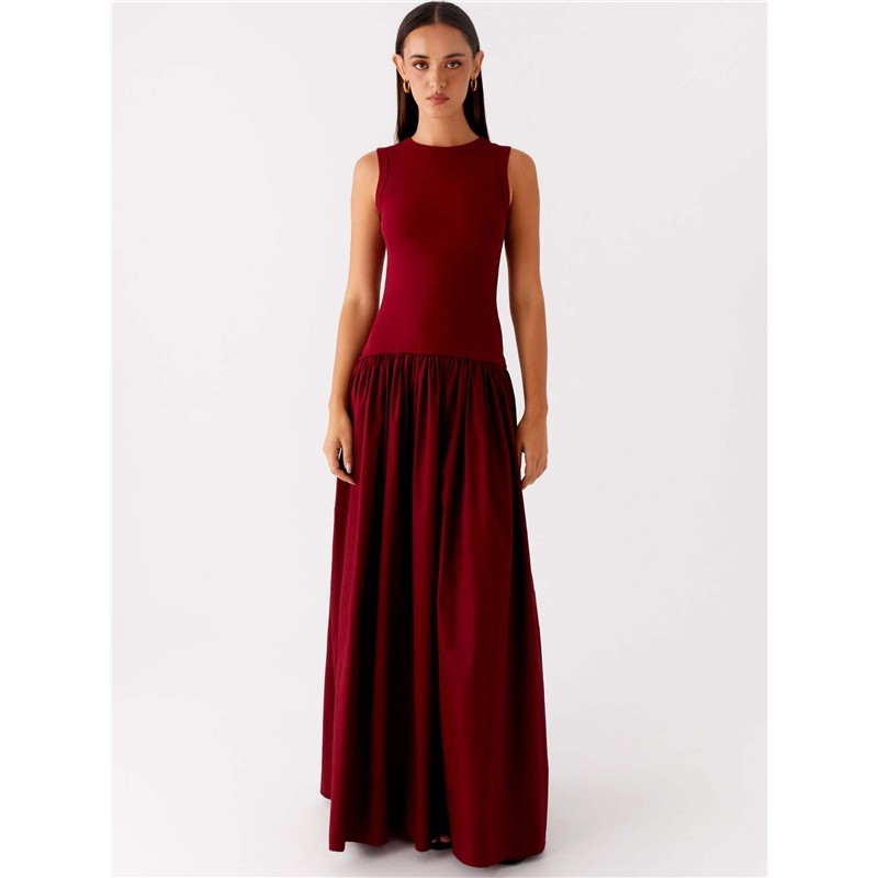 Solid Color Waist Sleeveless Long Dress