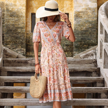 V-Neck Short Sleeves Printed Midi Dress