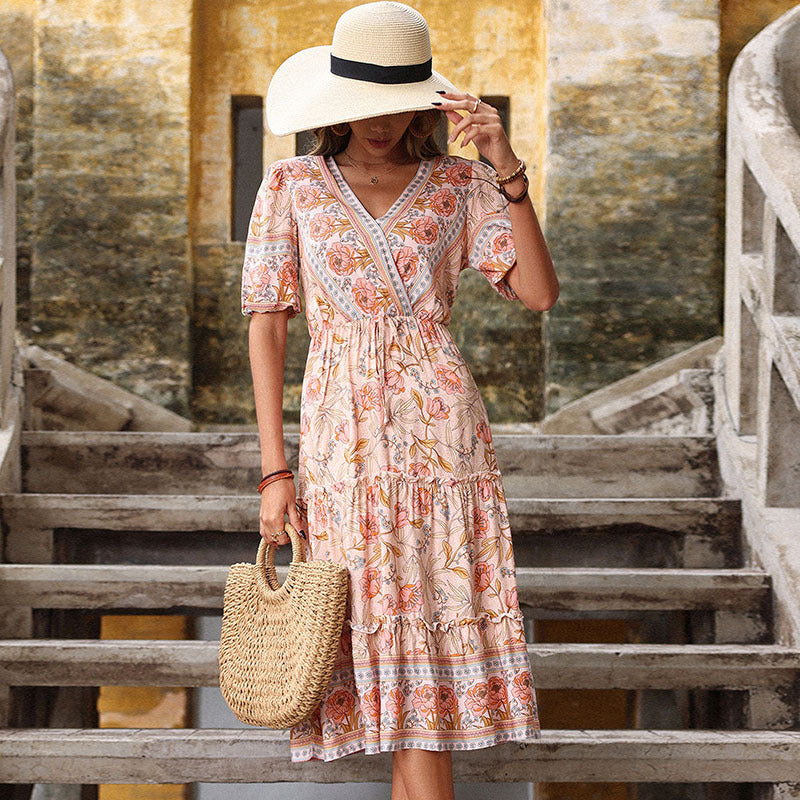 V-Neck Short Sleeves Printed Midi Dress