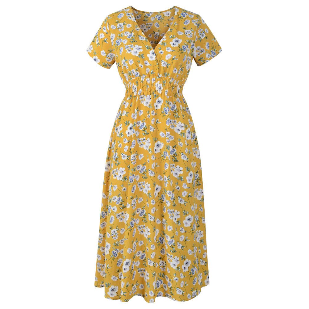 Chiffon Print V-Neck Short Sleeve Bohemian Dress