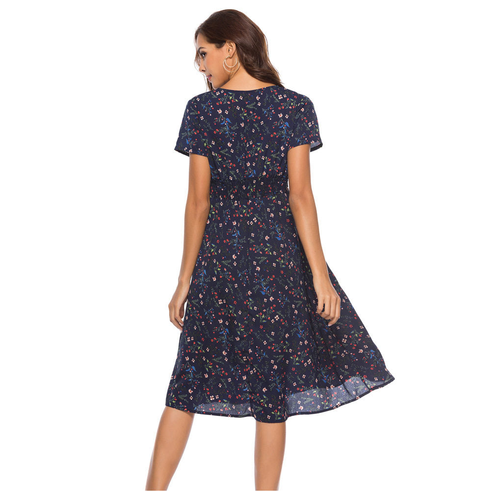 Chiffon Print V-Neck Short Sleeve Bohemian Dress