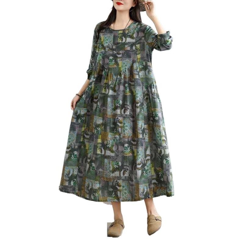Round Neck Loose Print Long Sleeve A Line Dress