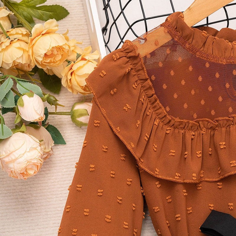 Girls Lace Splicing Polka Dot Long Sleeve Top Short Skirt Set