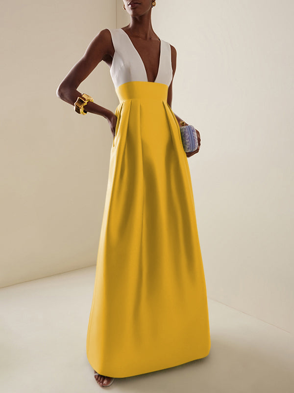 A-Line High Waisted Contrast Color Pleated Zipper Deep V-Neck Maxi Dresses