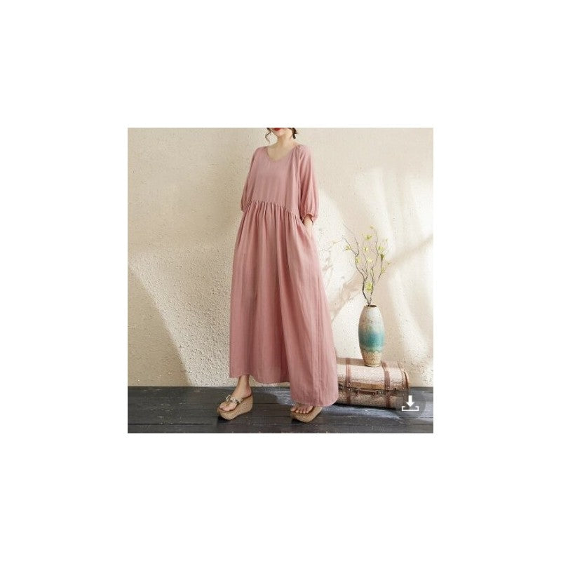 Double Gauze Round Neck Lantern Sleeve Loose Dress
