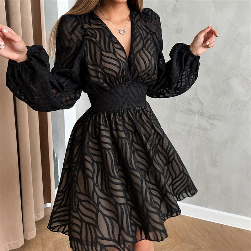 V Neck Floral Embroidered Waist A Line Dress