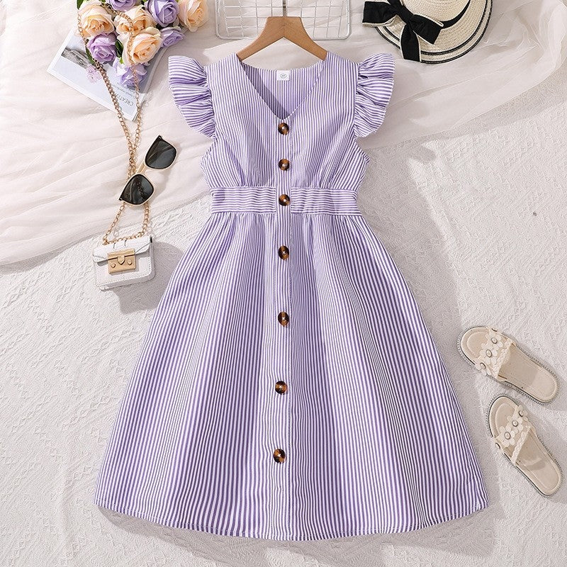 Girl's Dress With Fly Sleeve And Stripe