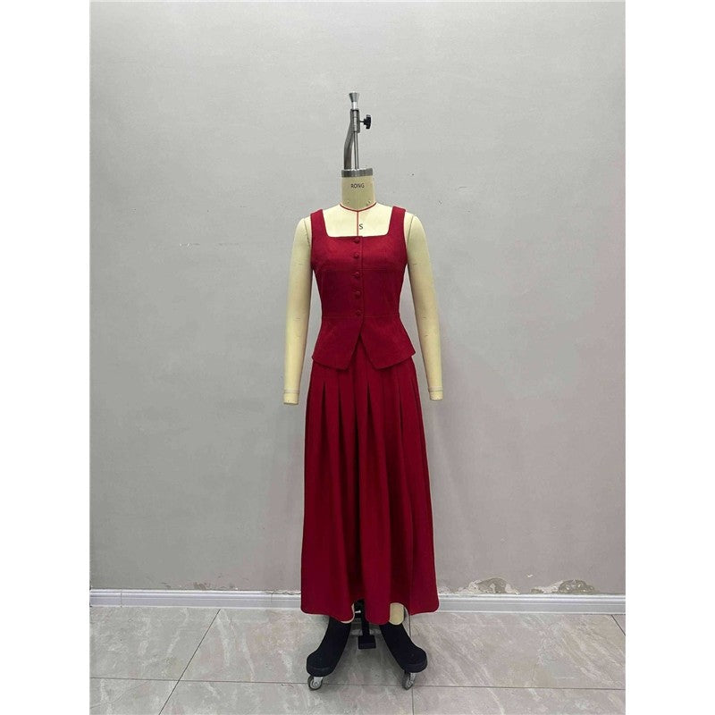 Waist Cut Sleeveless Vest Skirt Split Flare
