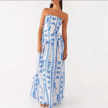 Printed Bustier Shirred Maxi Dress