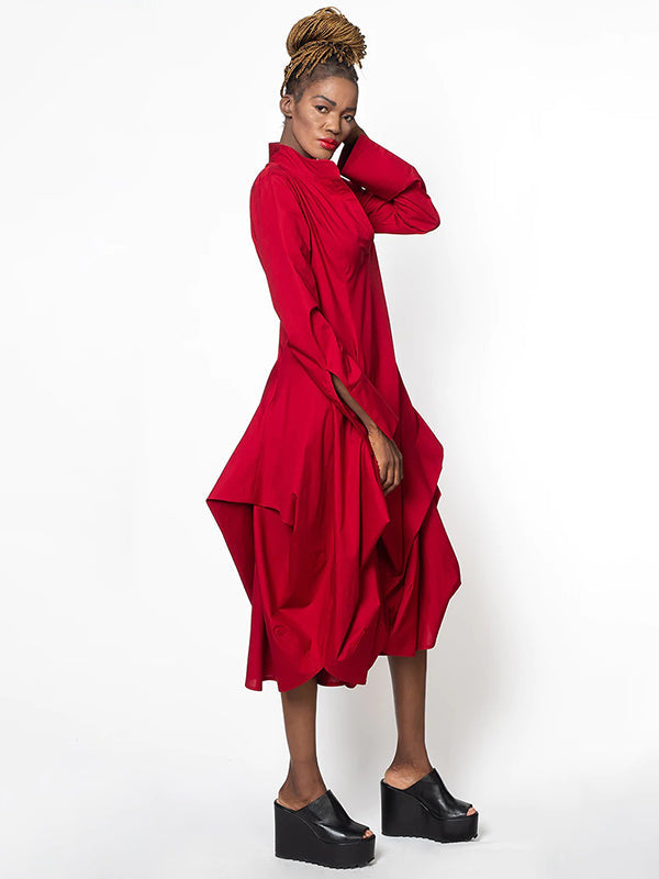 Stylish Loose Stand-Collar Long Sleeves Midi Dress