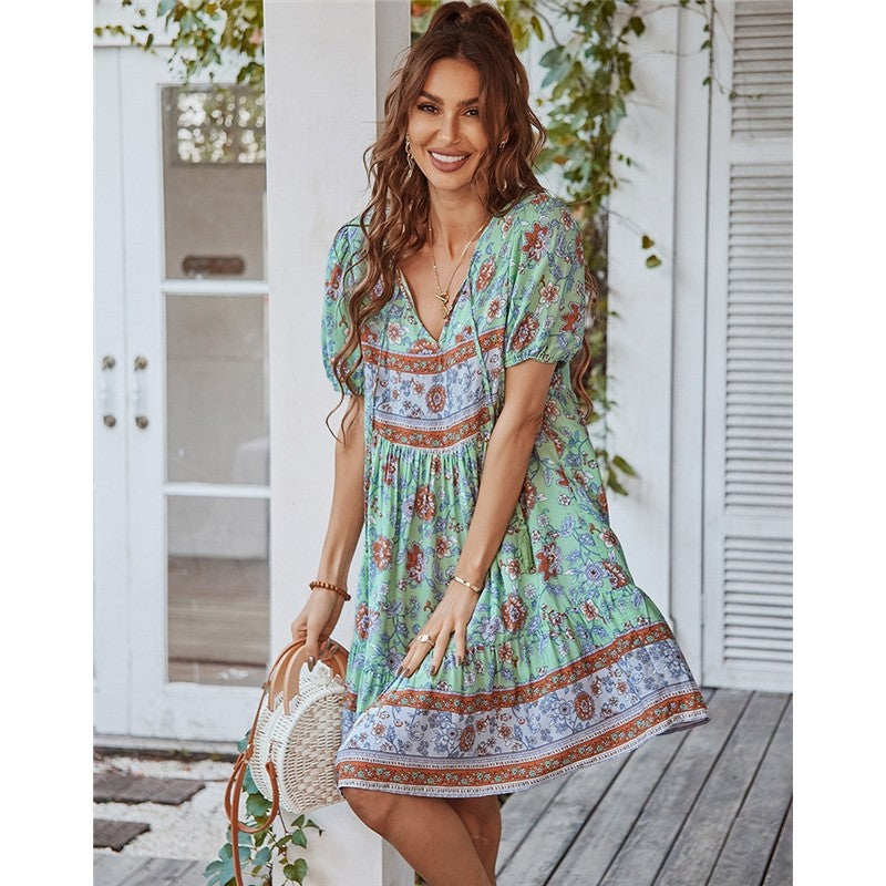 Short Sleeve V-Neck Printed Dress
