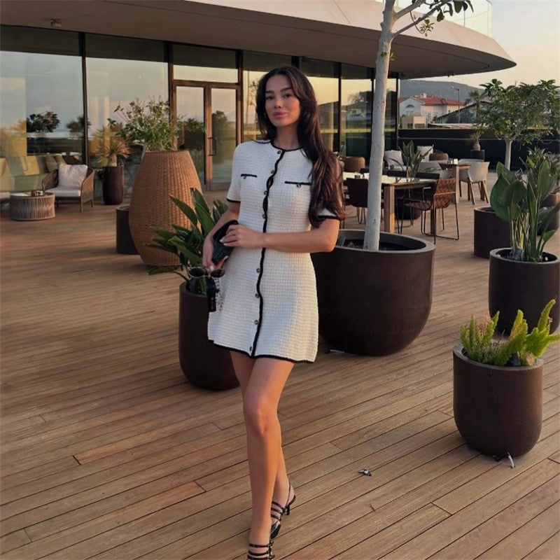 Contrast Trim Short Sleeve Button Front Dress