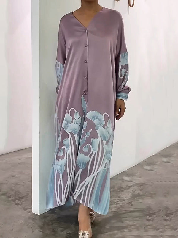 Long Sleeves Buttoned Contrast Color Flower&Leaves Print Muslim V-Neck Midi Dresses