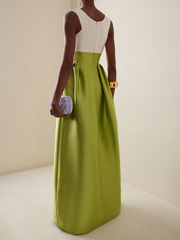 A-Line High Waisted Contrast Color Pleated Zipper Deep V-Neck Maxi Dresses