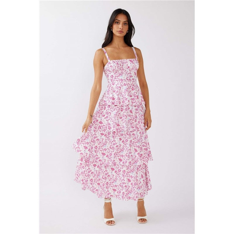 Slim Fit Waist Floral Print Long Strapless Dress