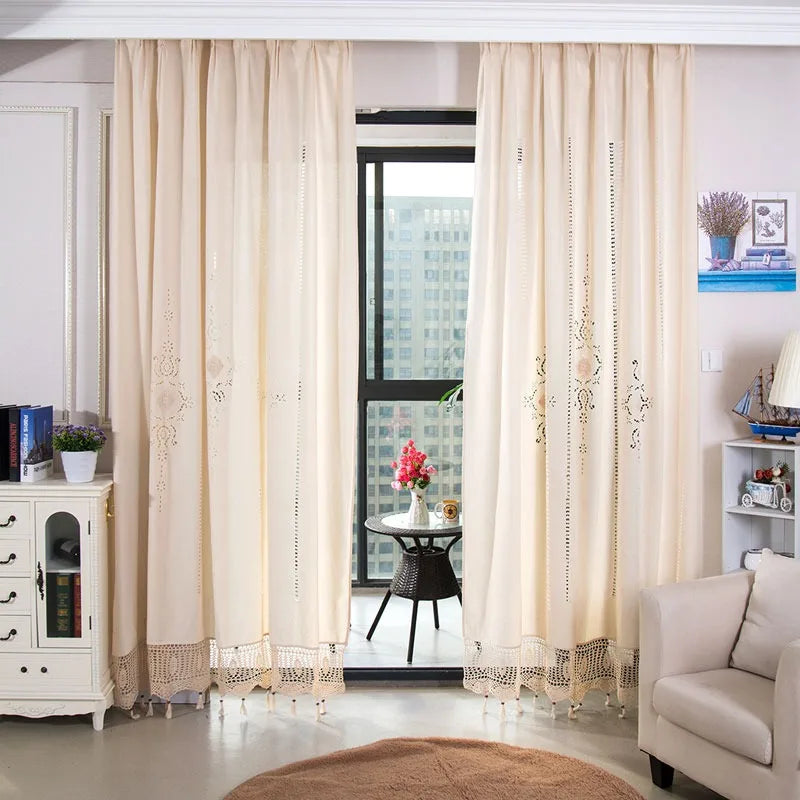 Linen Hollow Solid Curtain Handmade Crochet Bottom Stitching 70% Blackout Window Curtain Customizable for Living Room